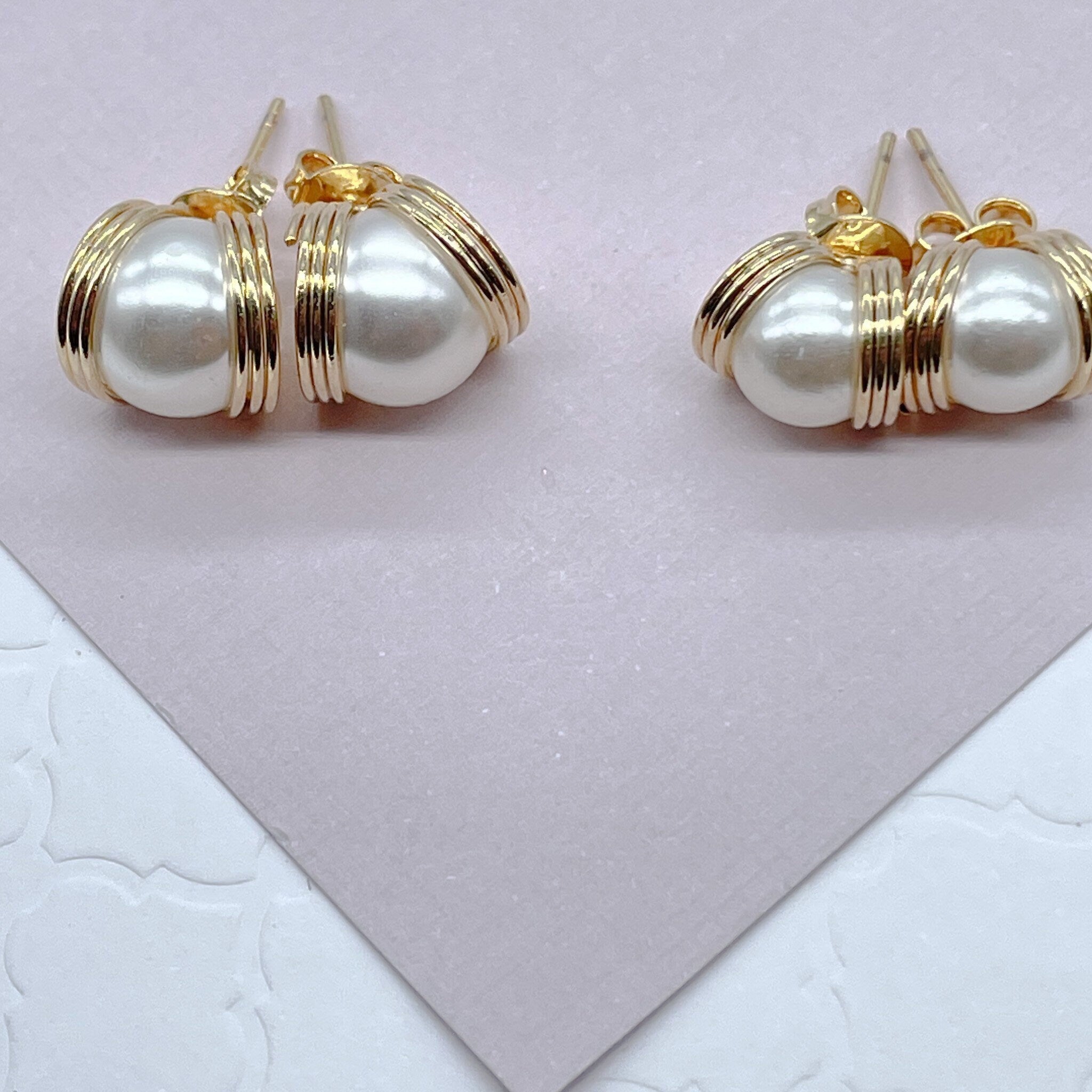 18k Gold Layered Pearl Stud Side Wrapped By Gold Wire Hoop Detail, Small And