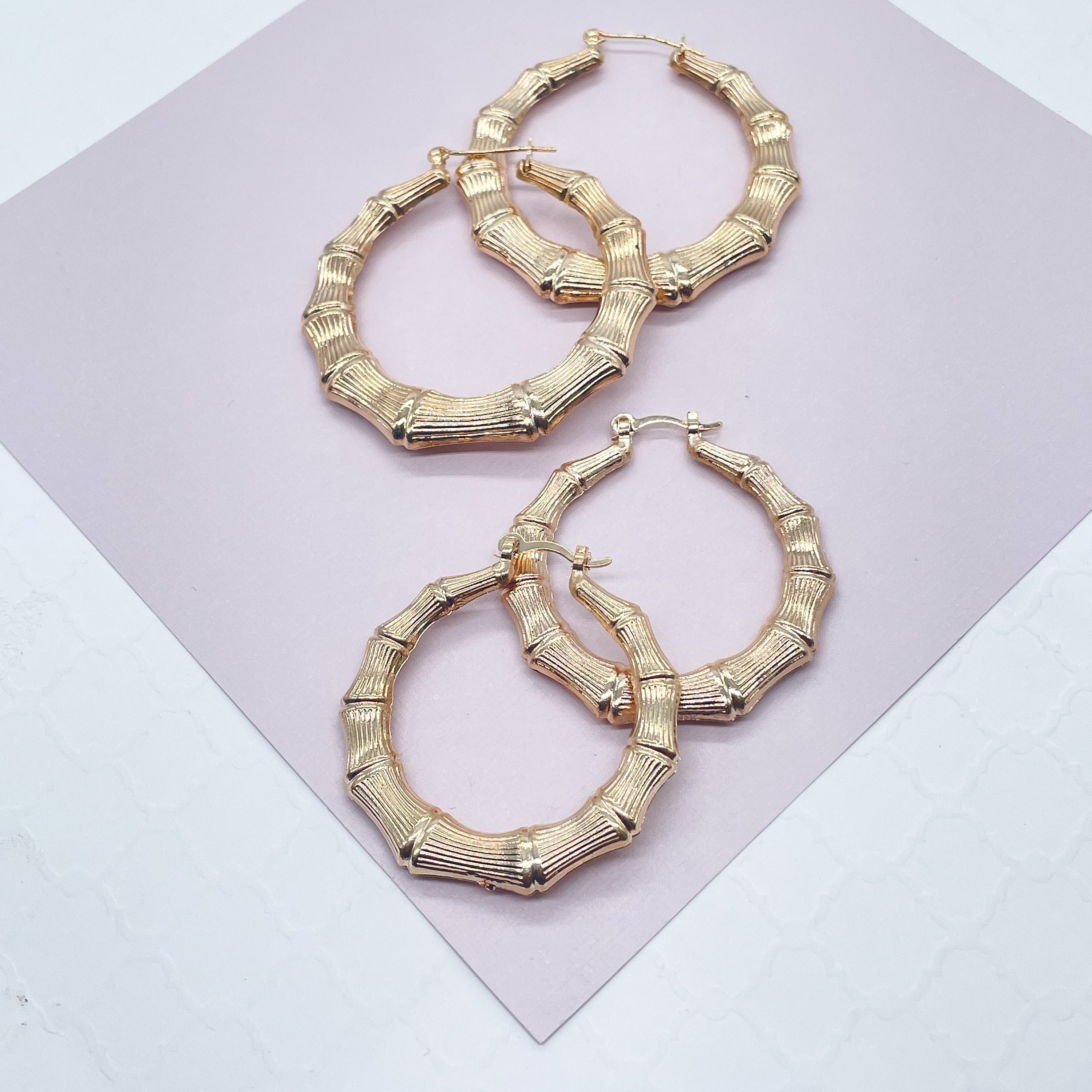 18k Gold Layered Chunk Bamboo Hoop Earrings Wholesale Jewelry Supplies –  Bella Joias Miami