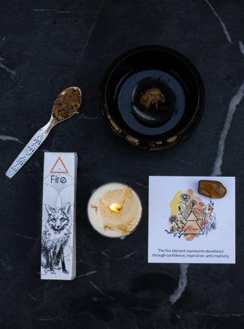 fire element intention candle, botanical perfume oil, warrior apothecary loose incense for May hag swag sacred flame subscription box