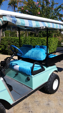 Our NEW High Back Lux Plush set of covers in Turquoise adds a great finishing touch to this custom Club Car