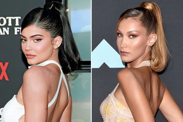 Kylie Jenner and Bella Hadid with matching 90's style high ponytail hairstyle