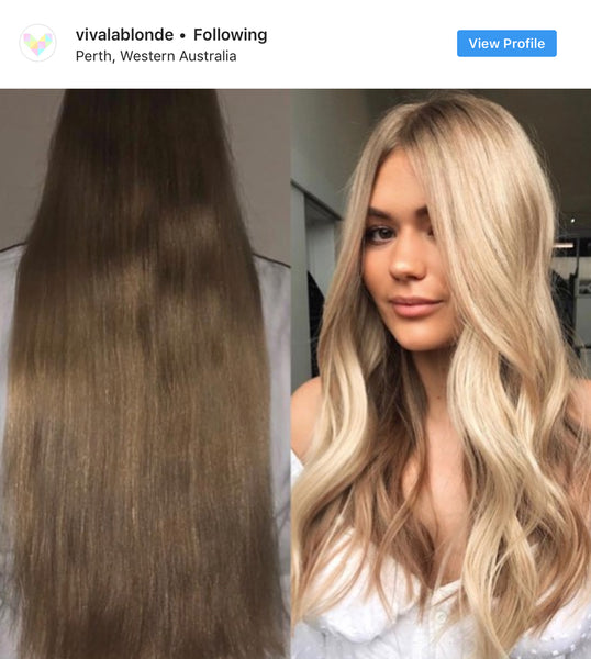 Before and after dark brown to blonde hair transformation