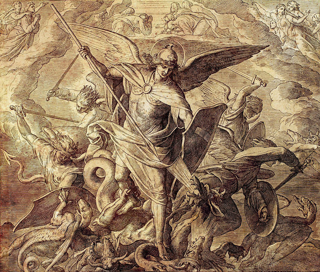 Archangel Michael fighting with dragon