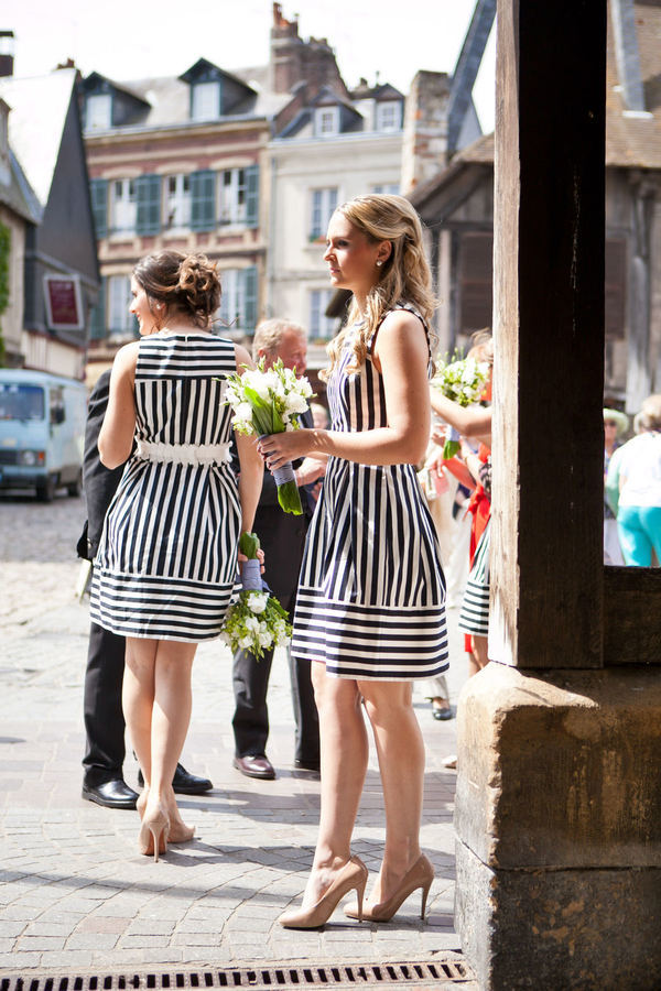 Bridesmaids in black and white striped dress