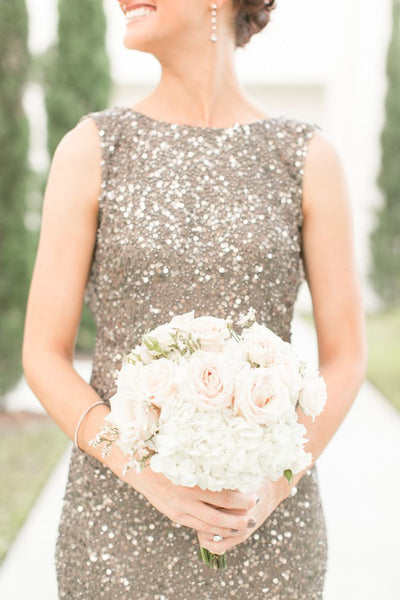 bridesmaid in taupe sparkly dress