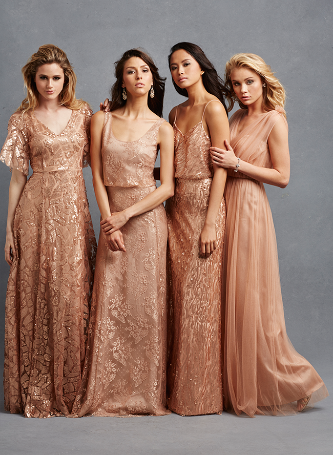 Bridesmaids in copper gowns