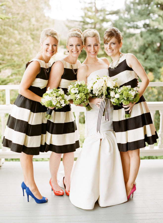 Bridesmaids in striped dresses