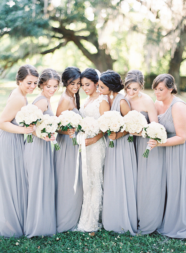 Bridesmaids in gray gowns