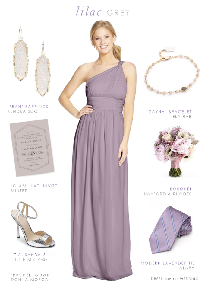 Bridesmaid gown and accessory ideas in Lilac Gray