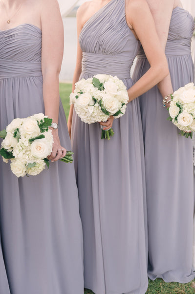 Bridesmaids in Lilac Gray gowns via