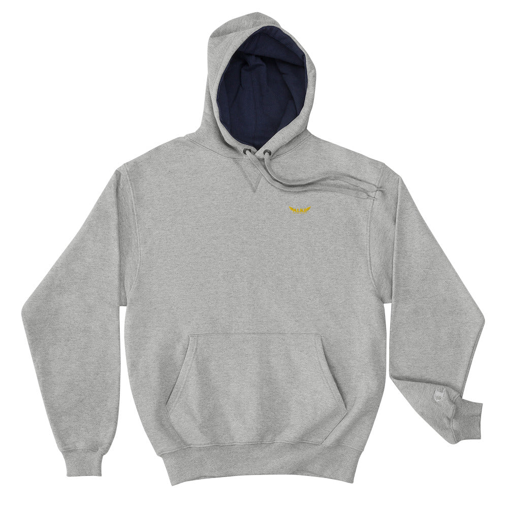 gold and white champion hoodie