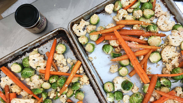 roasted vegetables tossed with Omnivore Sicilia and seasoned with Omnivore Salt