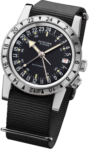 Glycine Airman No 1 Pilot's watch with black dial and black Nato Strap