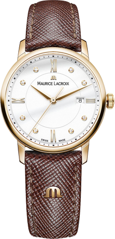 Maurice Lacroix Eliros Date Ladies Watch White dial w gold tone case and brown strap