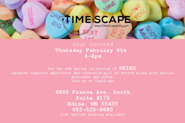 Timescape Seiko Spring Preview invite pink w candy hearts