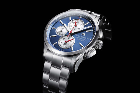 Maurice Lacroix Pontos Chronograph with blue dial stainless steel case and black leather strap