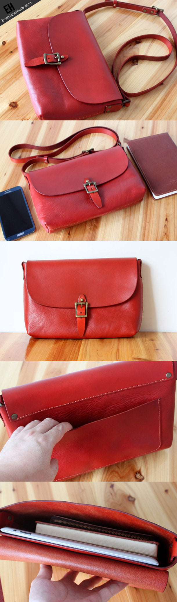 Handmade shoulder bag vintage rustic red leather crossbody messenger S | EverHandmade
