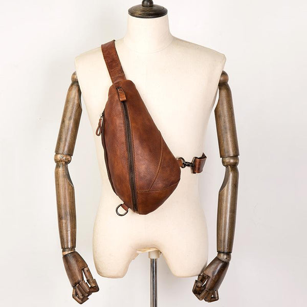 Brown Casual Leather Mens Sling Bag Chest Bags Brown SLing Pack One Sh