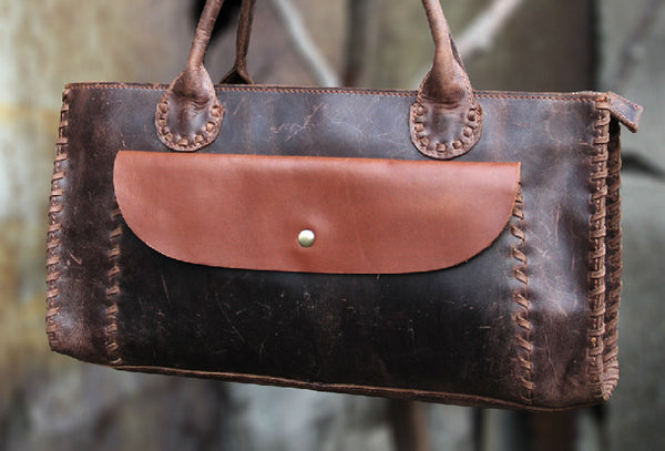 Handmade vintage rustic modern dark brown leather shoulder bag handbag | EverHandmade