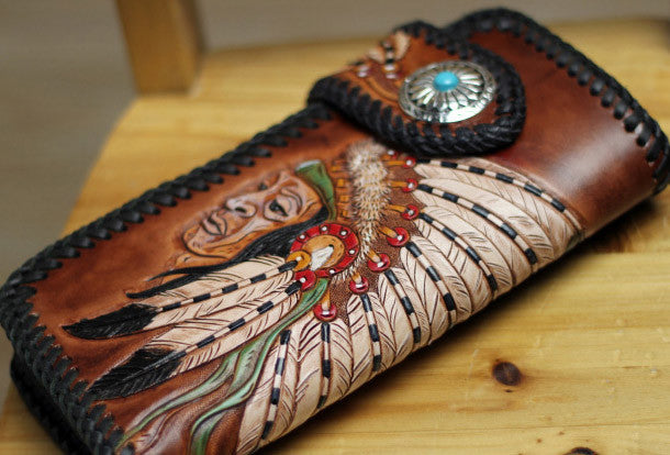 Handmade biker wallet brown leather Indian chief carved biker wallet b | EverHandmade