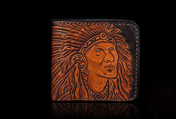 Handmade men short wallet black coffee leather Indian carved short wal | EverHandmade