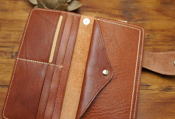 Handmade biker leather wallet with chain brown coffee Long wallet purs | EverHandmade