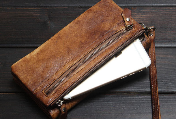 Handmade men long leather wallet clutch men bifold vintage gray brown | EverHandmade