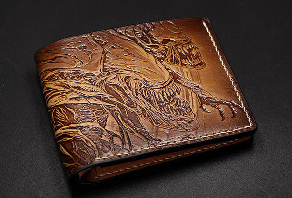 Handmade Alien tooled carved leather custom short wallet for men gamer