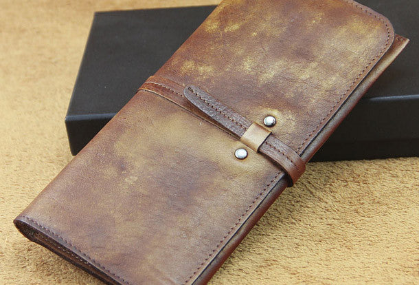 Handmade men long leather wallet men bifold vintage gray brown long wa | EverHandmade