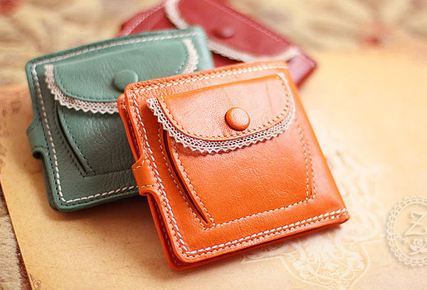 Handmade vintage cute sweet lace leather short bifold wallet for women | EverHandmade