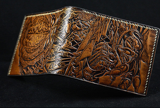 Handmade leather wallet Predator carved leather custom short wallet fo | EverHandmade