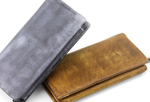 Handmade men long leather wallet men trifold vintage gray brown long w | EverHandmade