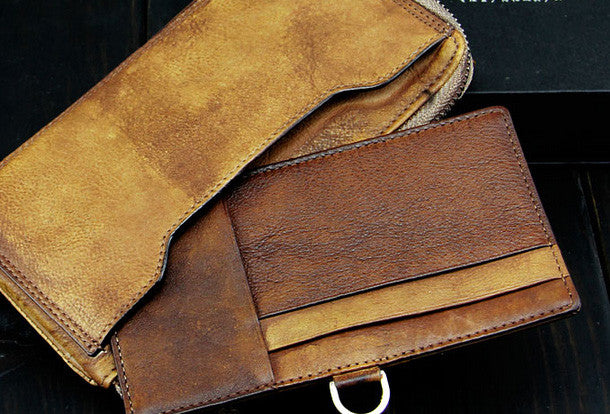 Handmade men long leather wallet men vintage brown gray long wallet fo | EverHandmade