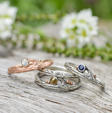 Ethical, non-traditional wedding rings in twig style by Beth Millner Jewelry