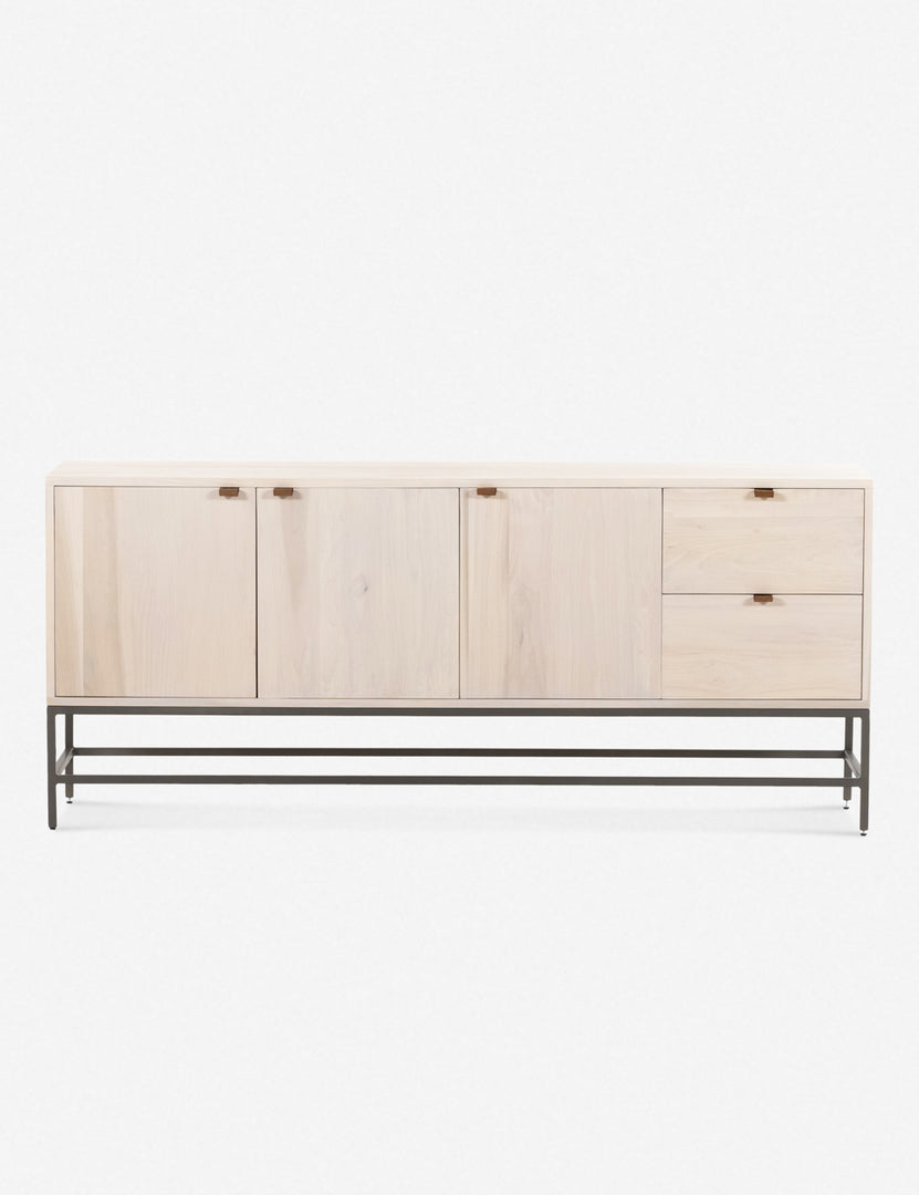 Rosamonde natural wood sideboard with brown leather pulls and a metal base