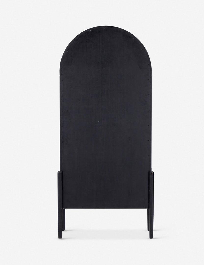 Rear view of the Apolline black wooden arched curio cabinet with gold door handles