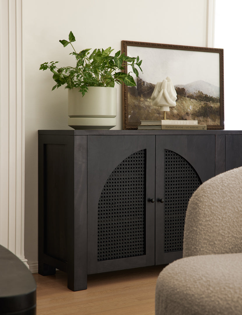 The Islay black wood Moroccan-style sideboard with arched cane door panels has a potted houseplant on top and a landscape painting leaning against it.