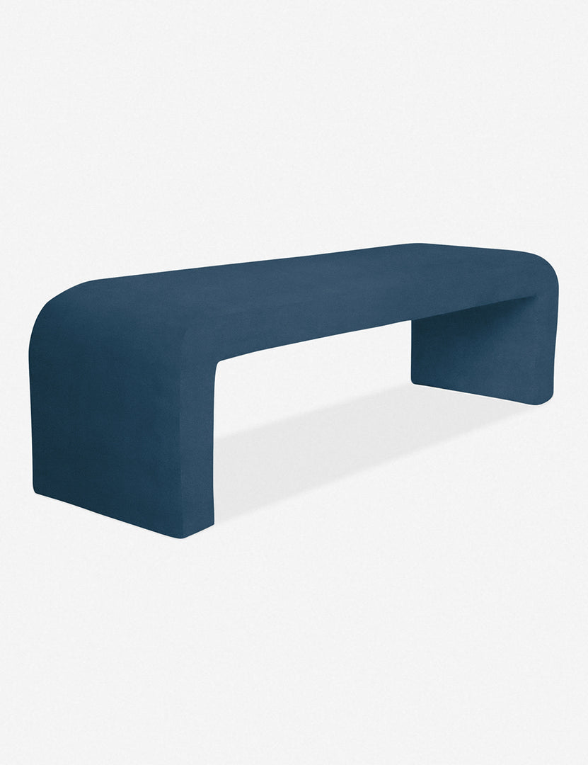 Angled view of the Tate navy velvet upholstered bench.