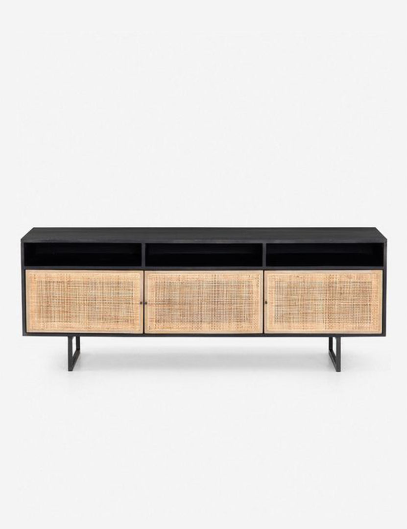 Hannah black mango wood media console with cane doors.