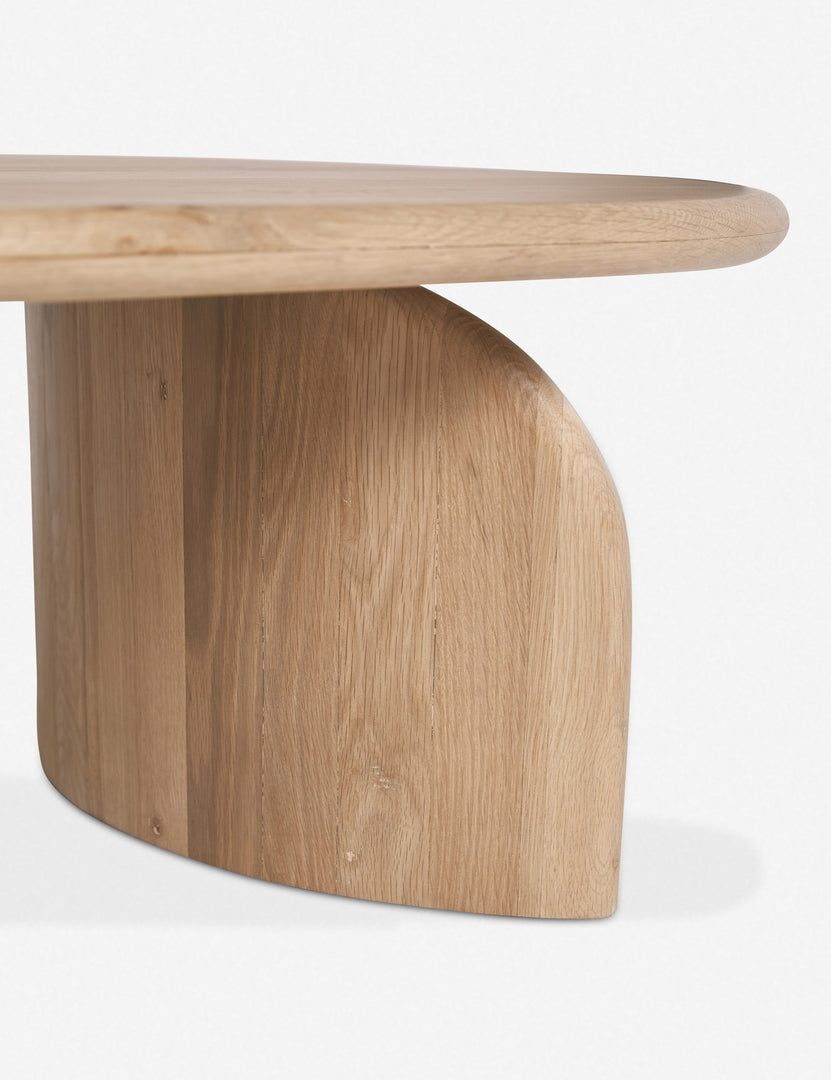 Close-up of the inside of the curved leg on the Ada solid oak oval coffee table