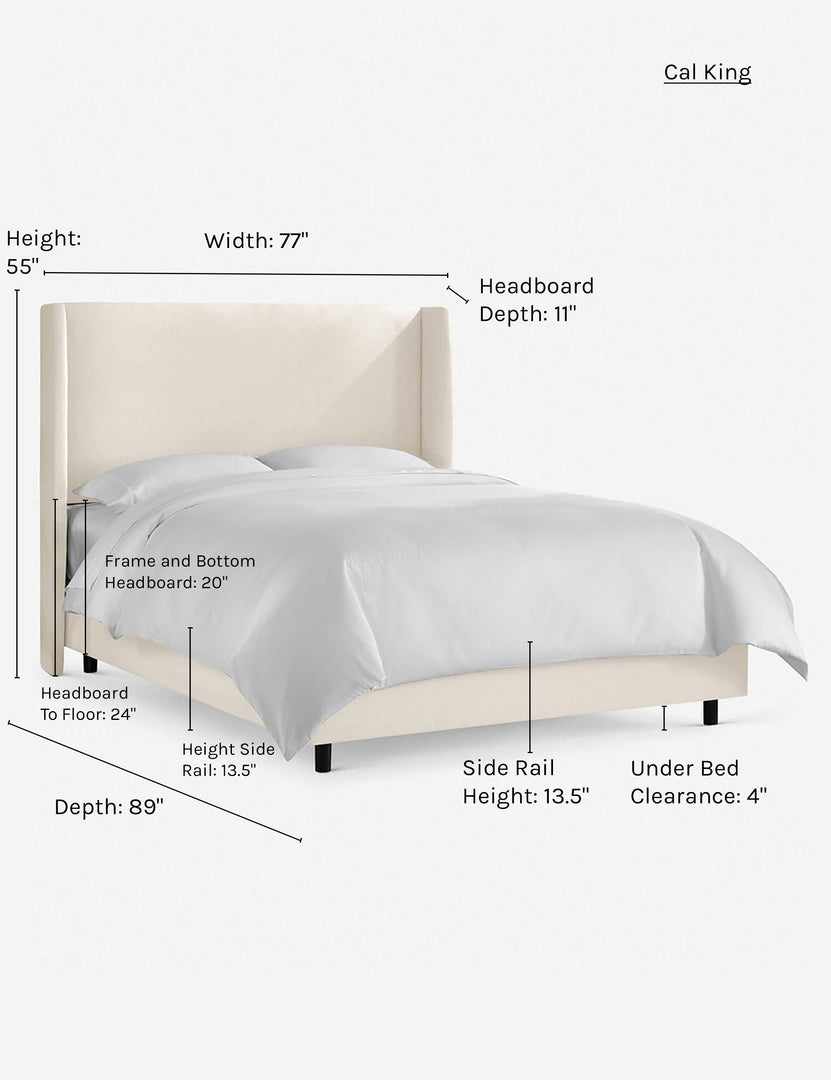 Dimensions on the california king size of the Adara talc linen upholstered bed.