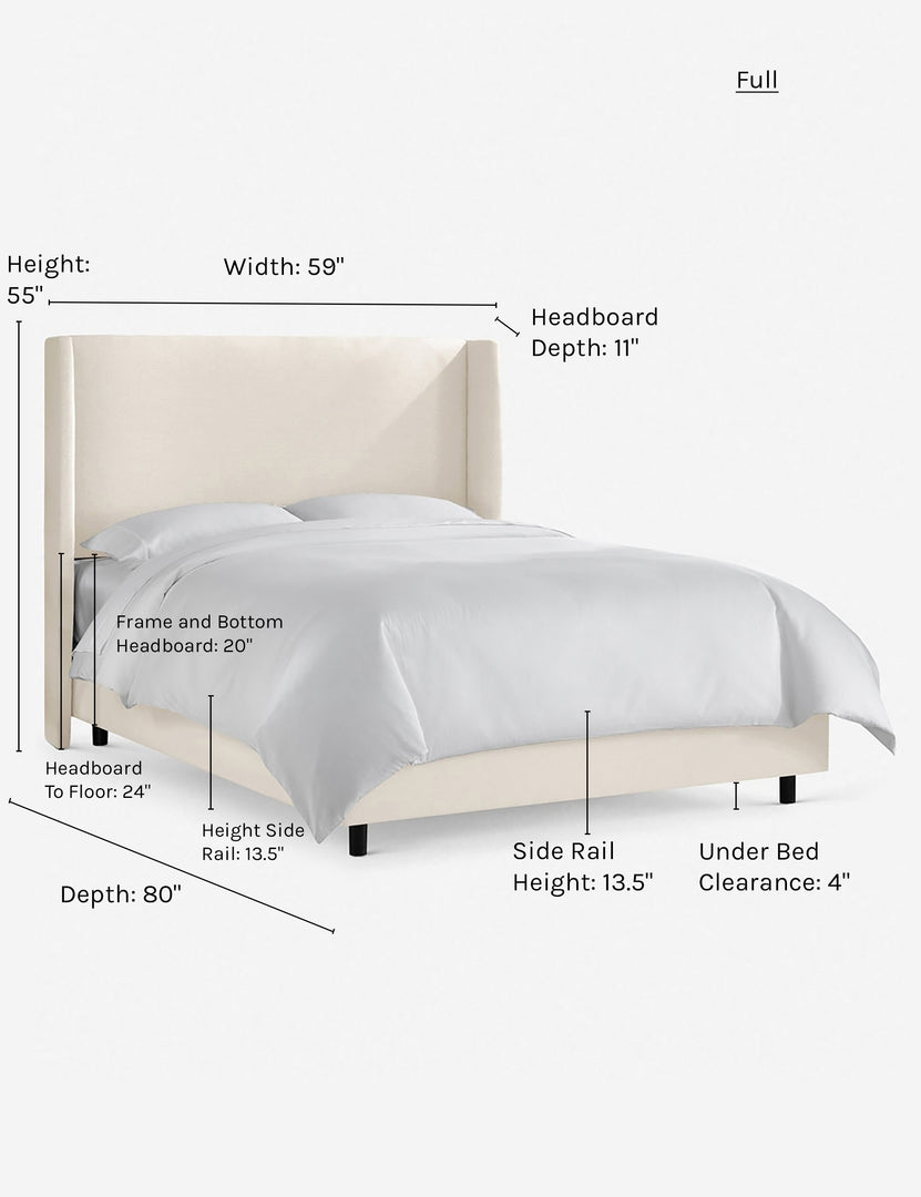 Dimensions on the full size of the Adara talc linen upholstered bed.