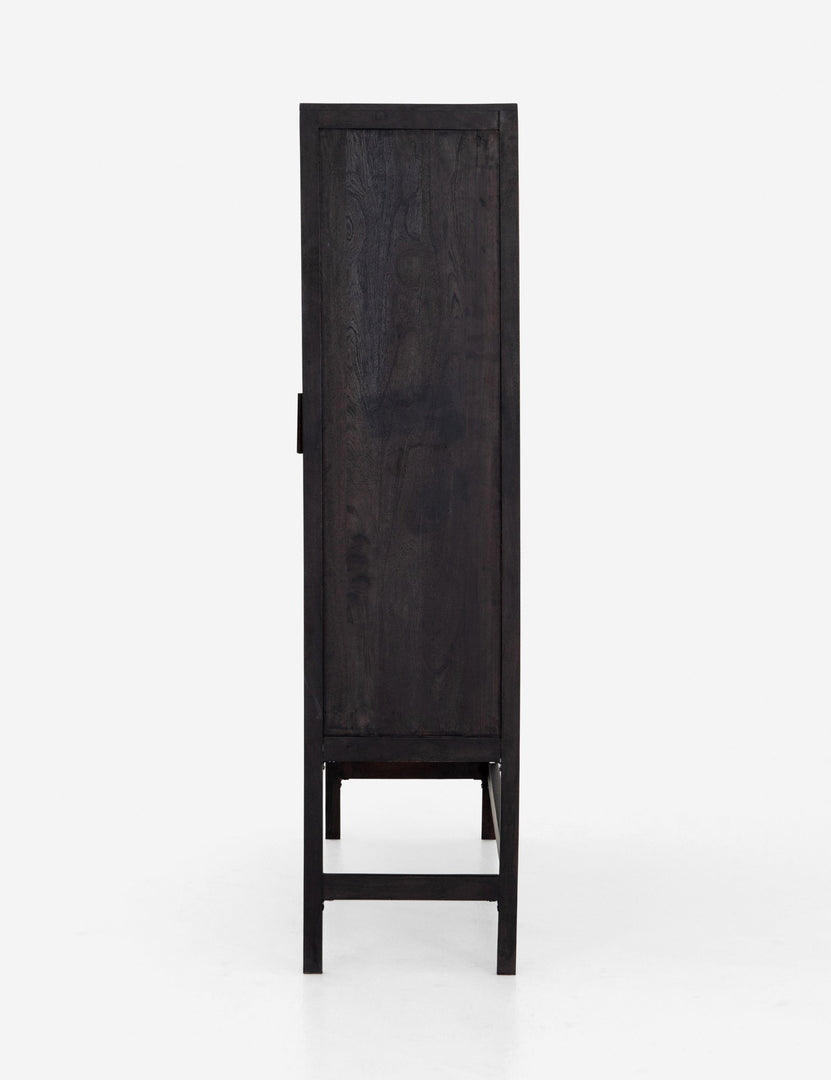 Side view of the Hannah black mango wood cabinet with cane doors