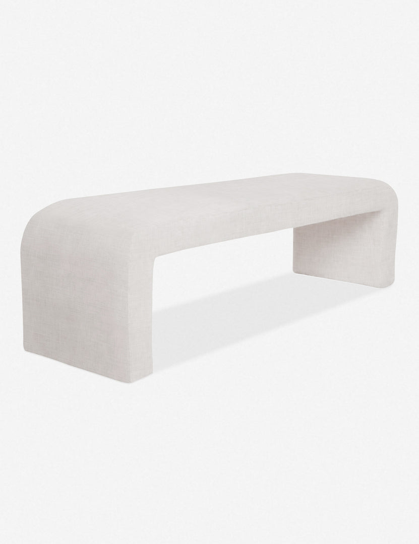 Side view of Tate white velvet upholstered bench.