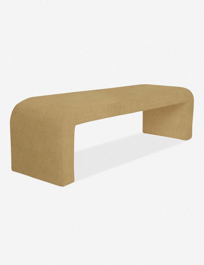 Angled view of Tate mustard velvet upholstered bench.