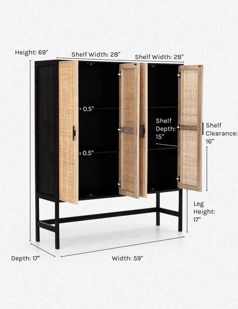 Dimensions on the Hannah black mango wood cabinet with cane doors