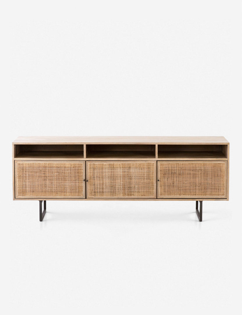 Hannah natural mango wood media console with cane doors.