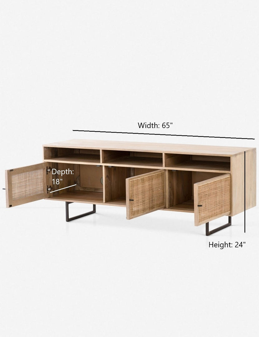 Dimensions on the Hannah natural mango wood media console with cane doors.