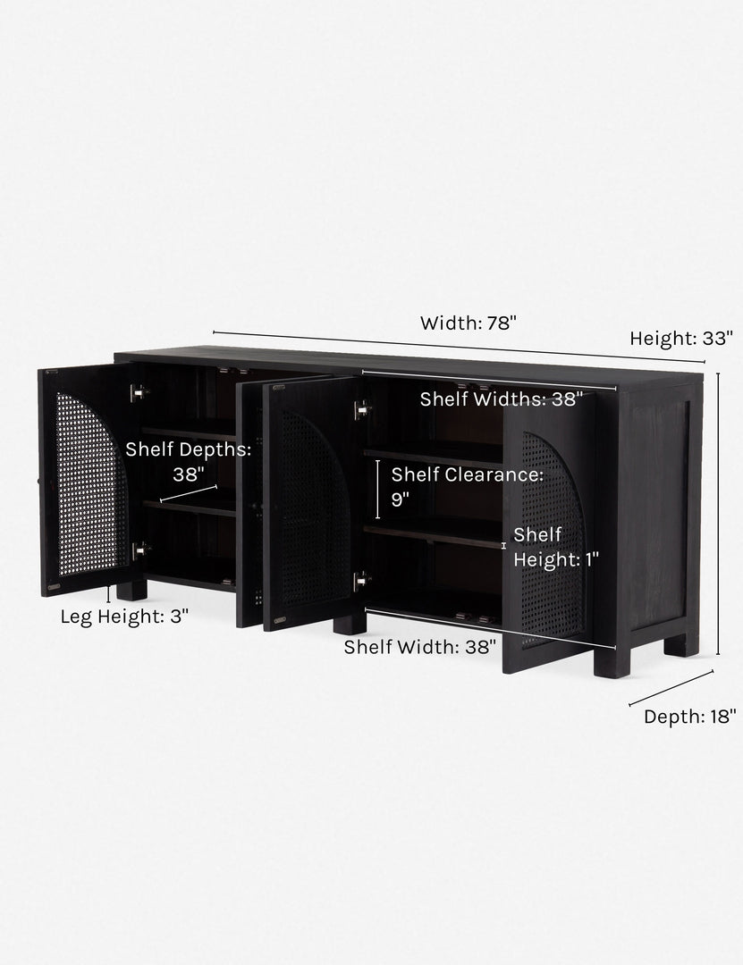 Dimensions of the Islay black wood Moroccan-style sideboard with arched cane door panels with doors open