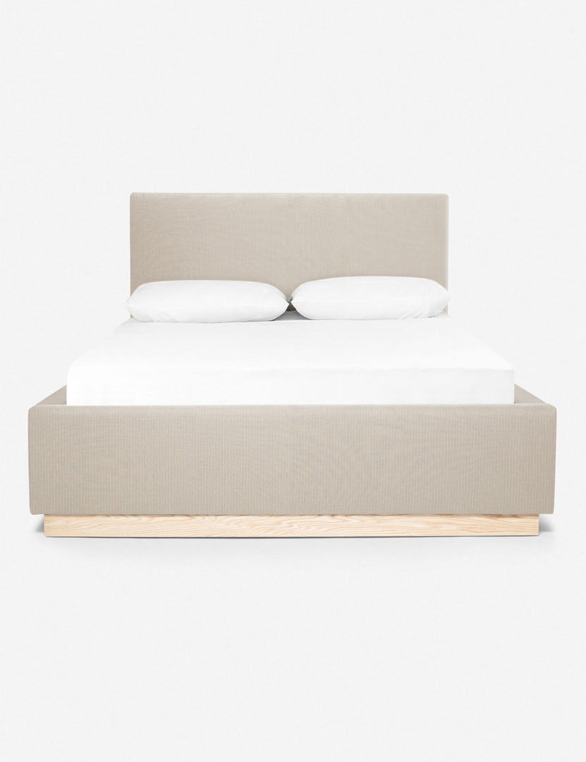 Lockwood sand-striped velvet-upholstered bed with a white oak base.